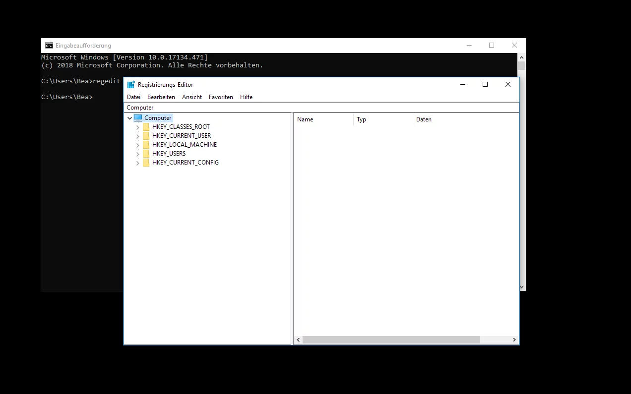 rÜbersicht Registrierungseditor, auf der linken Seite ist das Menü für die Navigation