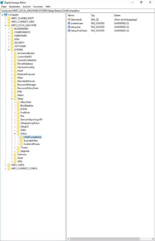 Registrierungseditor mit geöffnetem ChildCompletition Unterordner