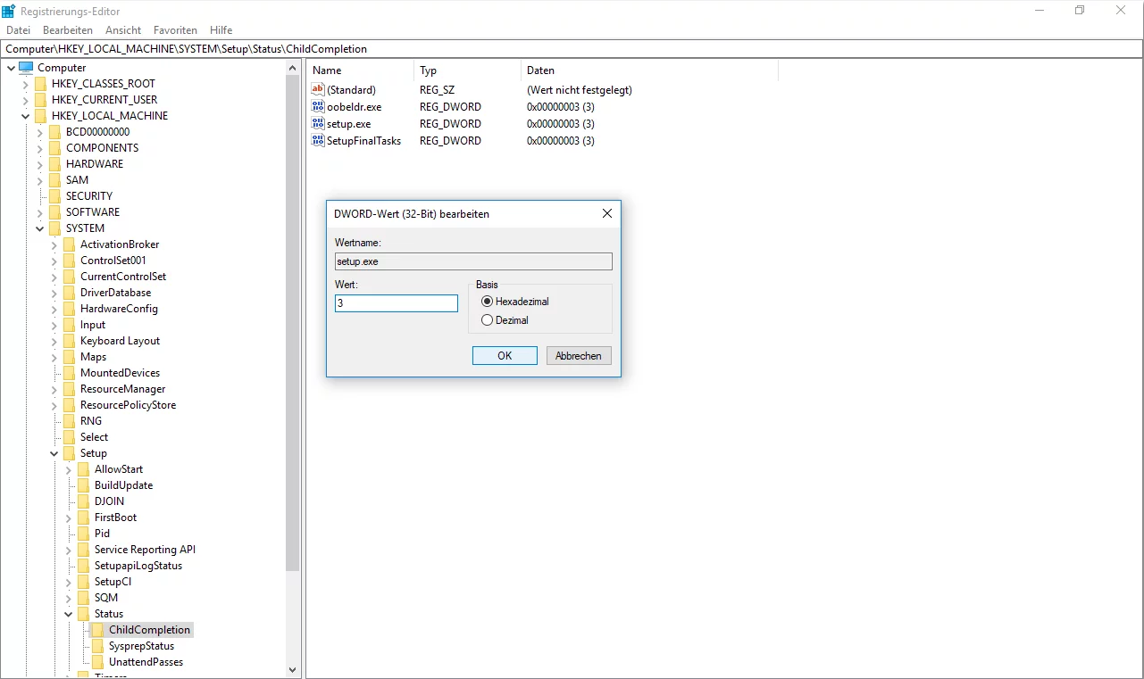 nach Öffnen der Setup Datei erscheint ein Fenster, wo im Feld Wert die Zahl 3 eingetragen werden muss