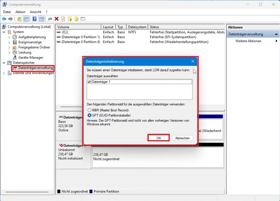 Fenster "Datenträgerverwaltung" Falls eine Festplatte noch nicht initialisiert wurde öffen sich ein kleineres Fenster über dem Hauptfenster mit Datenträgerinitialisierung, dies mit Ok bestätigen