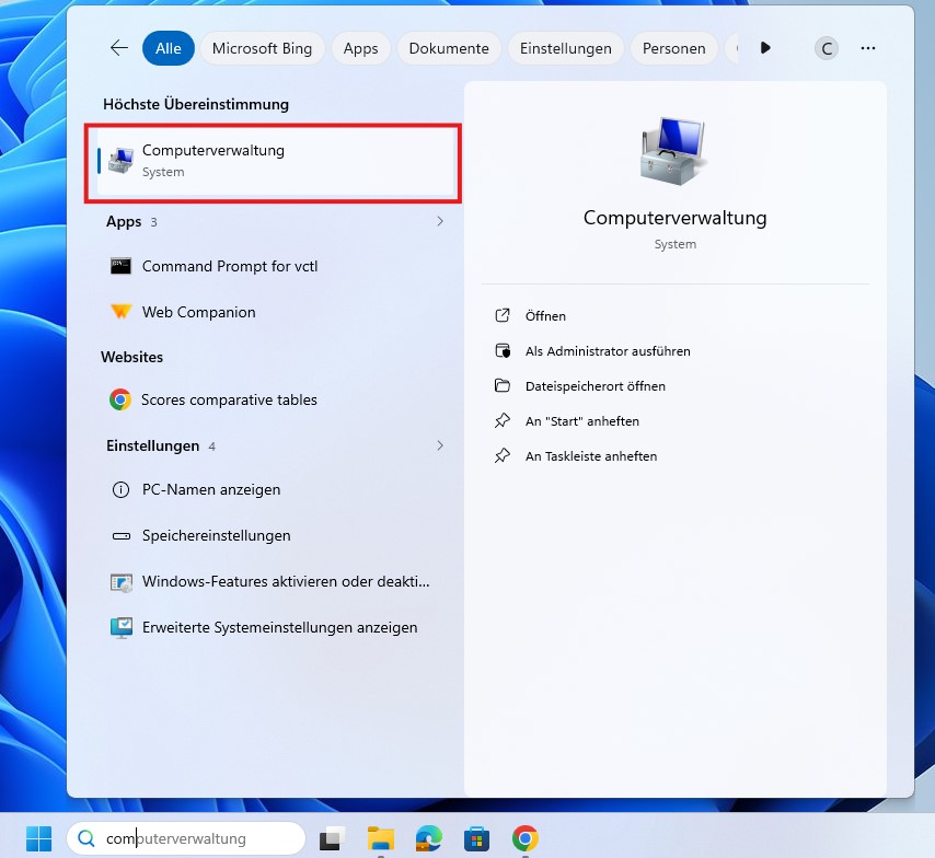 Windows-Startmenü. Tippe das Wort "Computer" ein. Es wird die Computerverwaltung als höchste Zustimmung angezeigt.