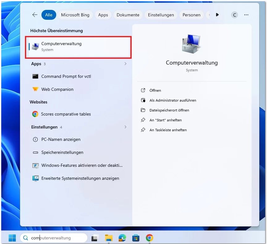 Es wird in der Windwssuche, die Computerverwaltung aufgerufen