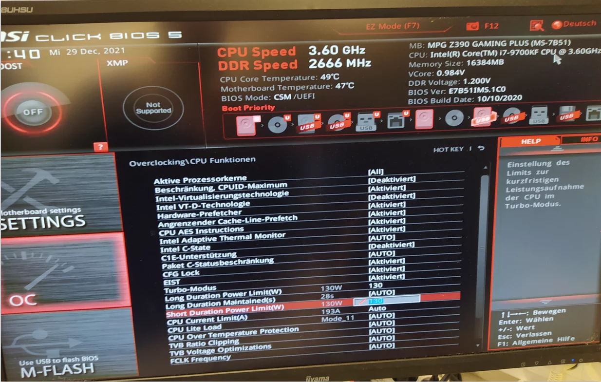 Bios Menü CPU Funktionen, Power Limit auf 130W