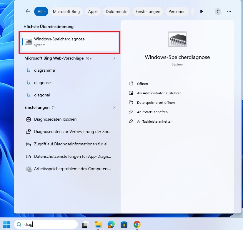 Fenster vom Startmenü, tippe dort das Wort "Diagnose" ein, es wird dir nun das Tool Speicherdiagnose angezeigt
