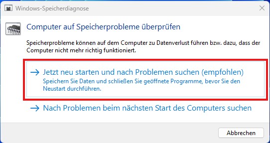 Abfragefenster: Computer auf Speicherprobleme überprüfen