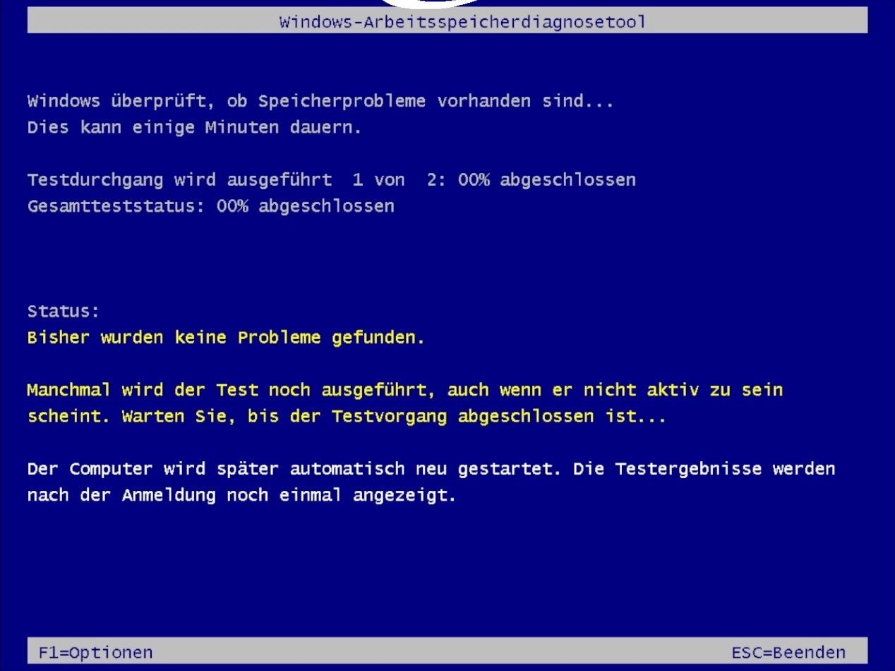 Nach dem Neustart vom PC, kommt ein blaues Fenster mit dem Windows-Arbeitsspeicherdiagnosetool
