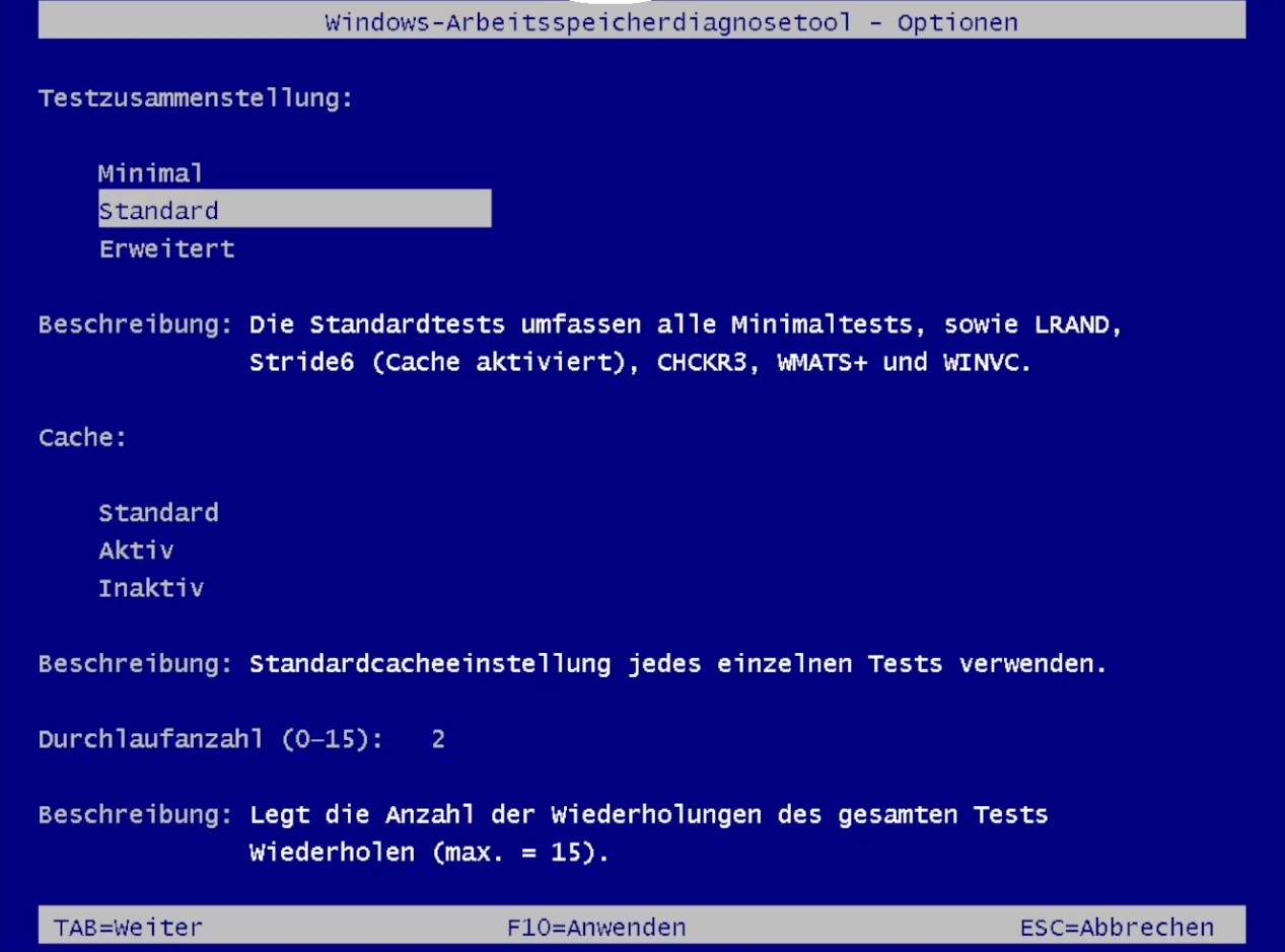 Blaues Optionsfenster für die Arbetisspeicherdiagnose