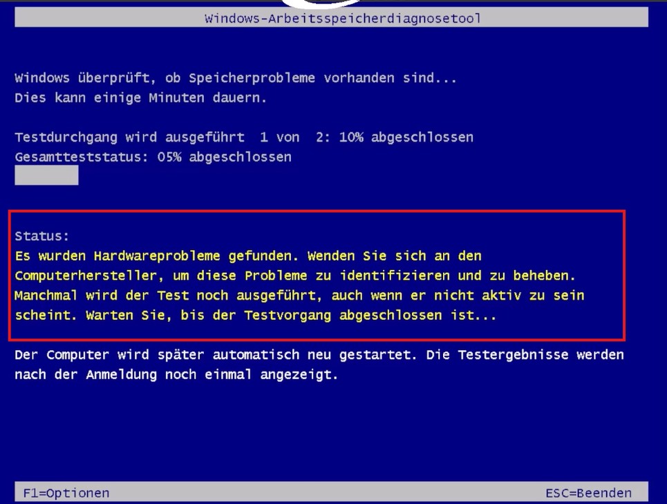 Blaues Fenster mit dem Windows-Arbeitsspeicherdiagnosetool inkl.Fortschrittsverlauf und Status