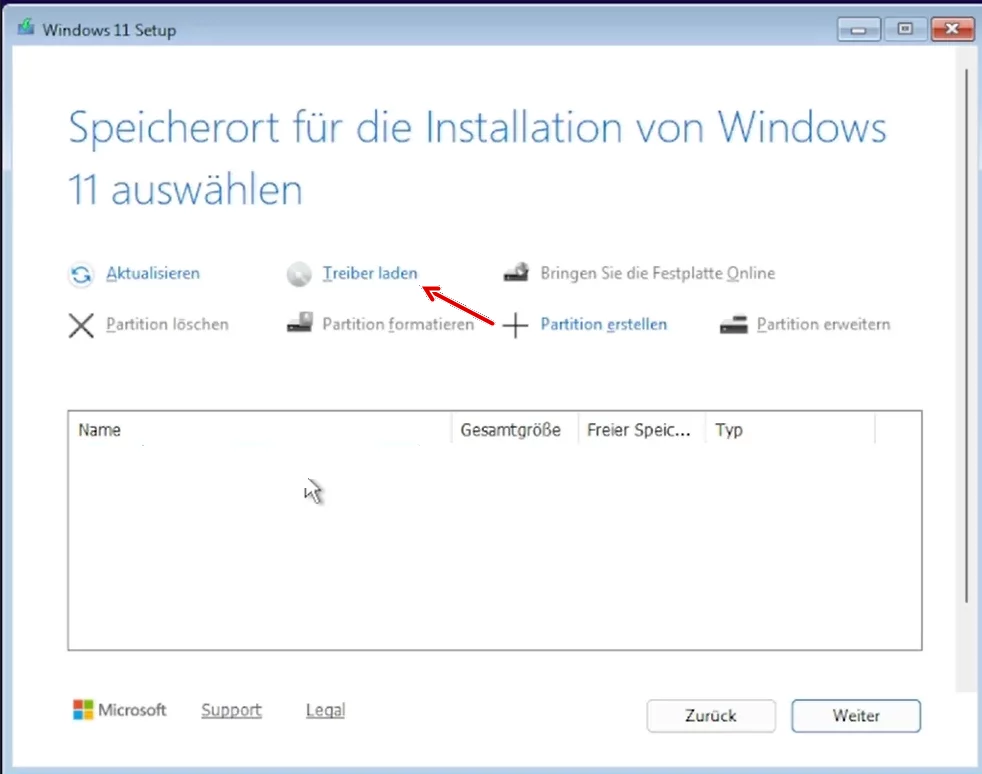Windowssetup Festplattenauswahl, Mausklick auf Treiber laden
