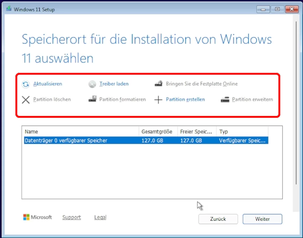 Windowssetup nachdem der Treiber geladen wurde, es wird nun eine Festplatte angezeigt und Sie können diese nun auswählen