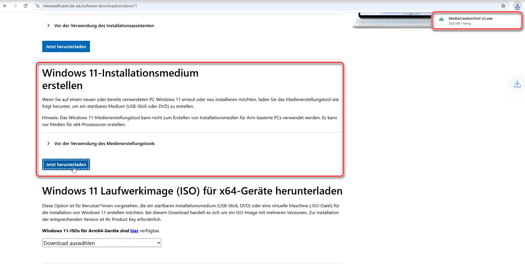 Screenshot von der Website wo Du das Media Creation Tool herunter laden kannst.