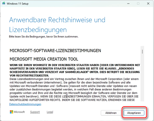 Fenster Media Creation Tool - Lizenzbestimmungen zustimmen