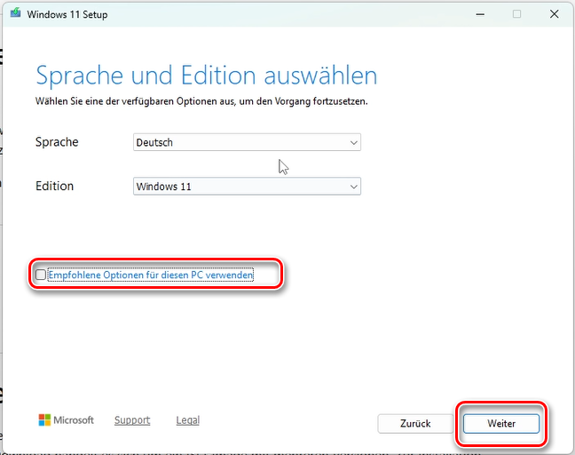 Menüfenster Media Creation Tool - Auswahl Sprache, Edition, empfohlene Optionen für diesen PC mit Checkbox Haken