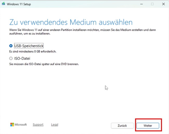 Abfragefesnter - zu verwendendes Medium auswählen: USB-Speicherstick oder ISO Datei
