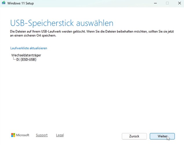 Menüfenster - USB Speicherstick auswählen.