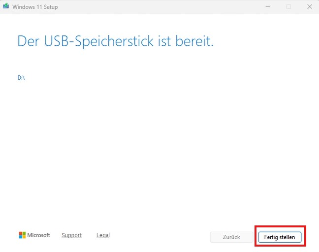 Abschlussfenster - USB Speicherstick ist nun bereit
