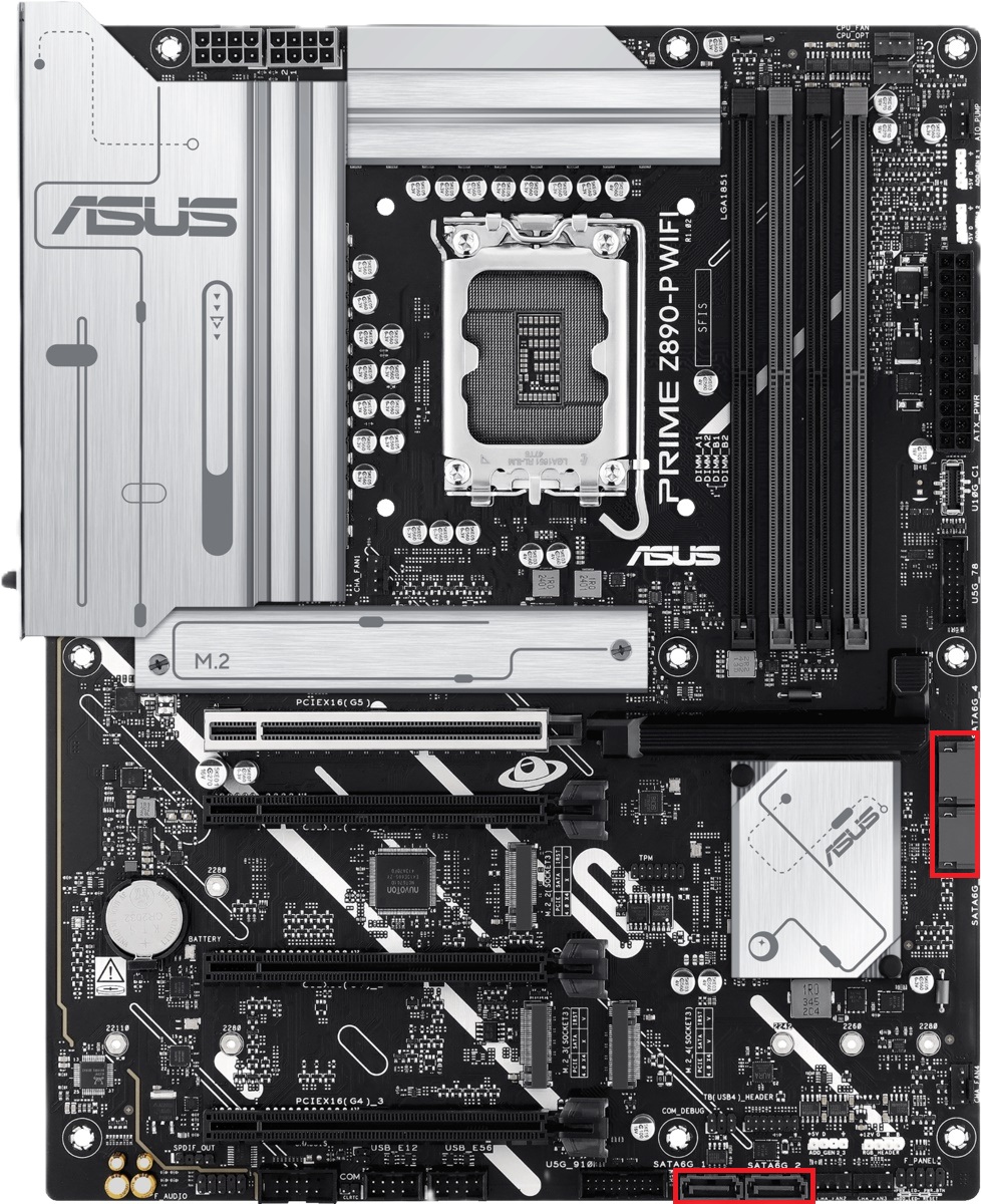 so sehen die Anschlüsse auf dem Mainboard aus