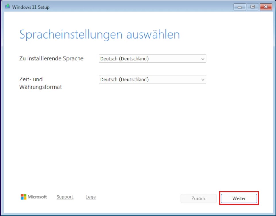 Fenster Windowssetup Auswahl Spracheinstellungen