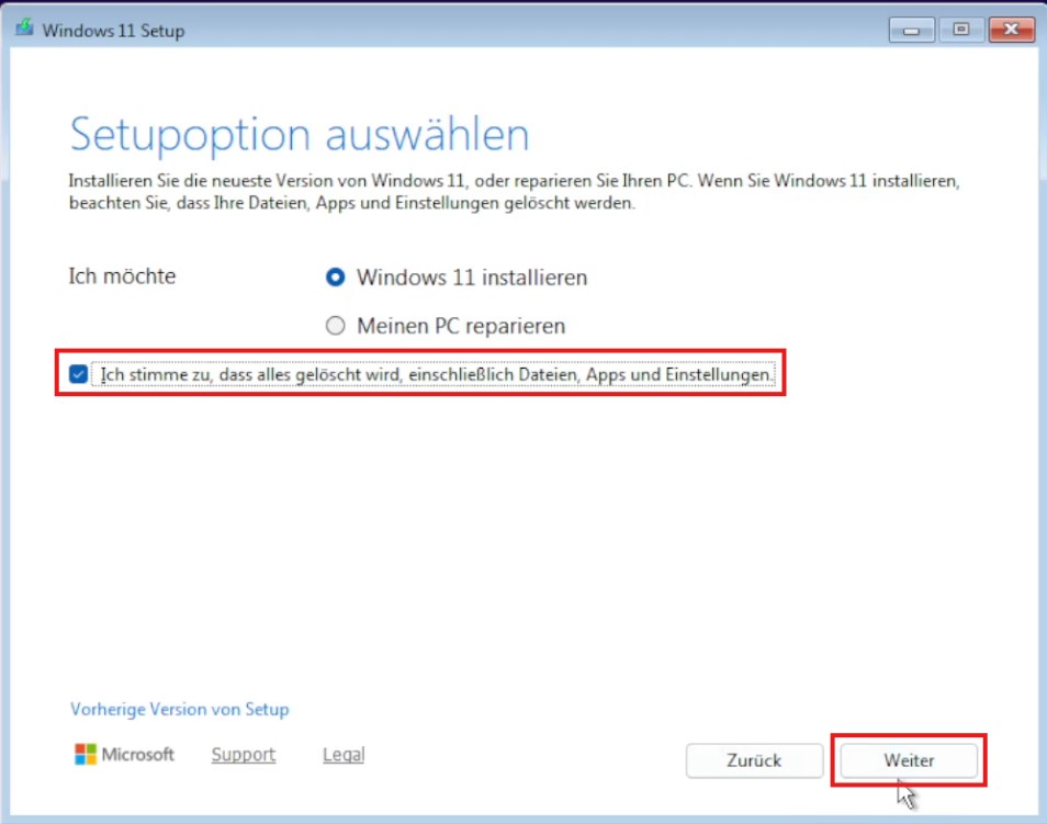 Windows Installationsfenster: Setupoptionen für die Installation auswählen
