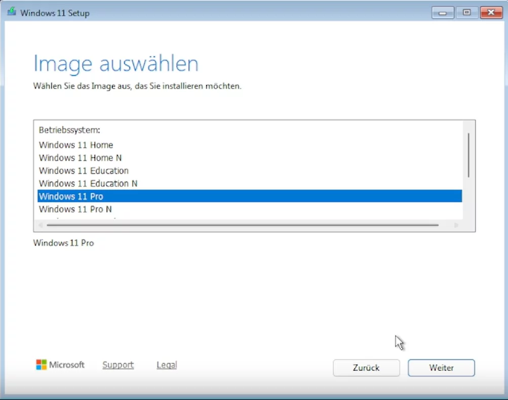 Windows 11 Setup Fenster - Auswahl der Windows Version welche installiert werden soll