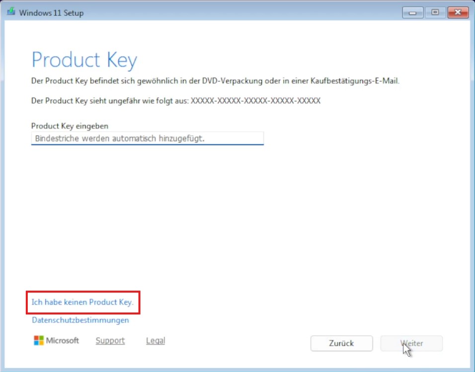 Screenshot Windows 11 Setup - Eingabe Product Key