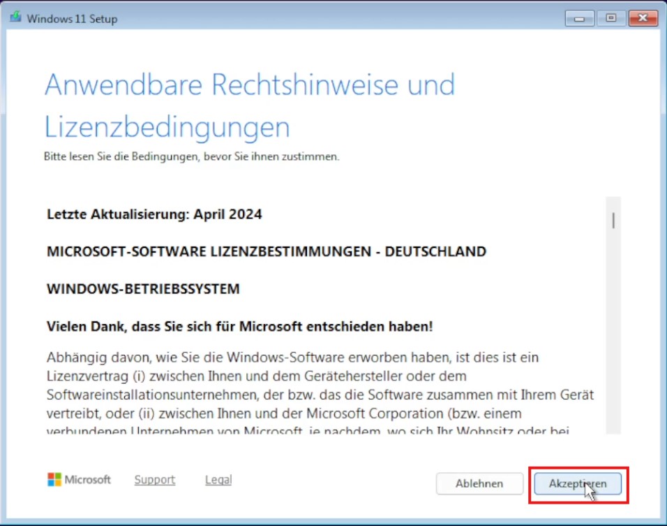 Windows 11 Setup Fenster -Endbenutzer- Lizenzvertrag (EULA)