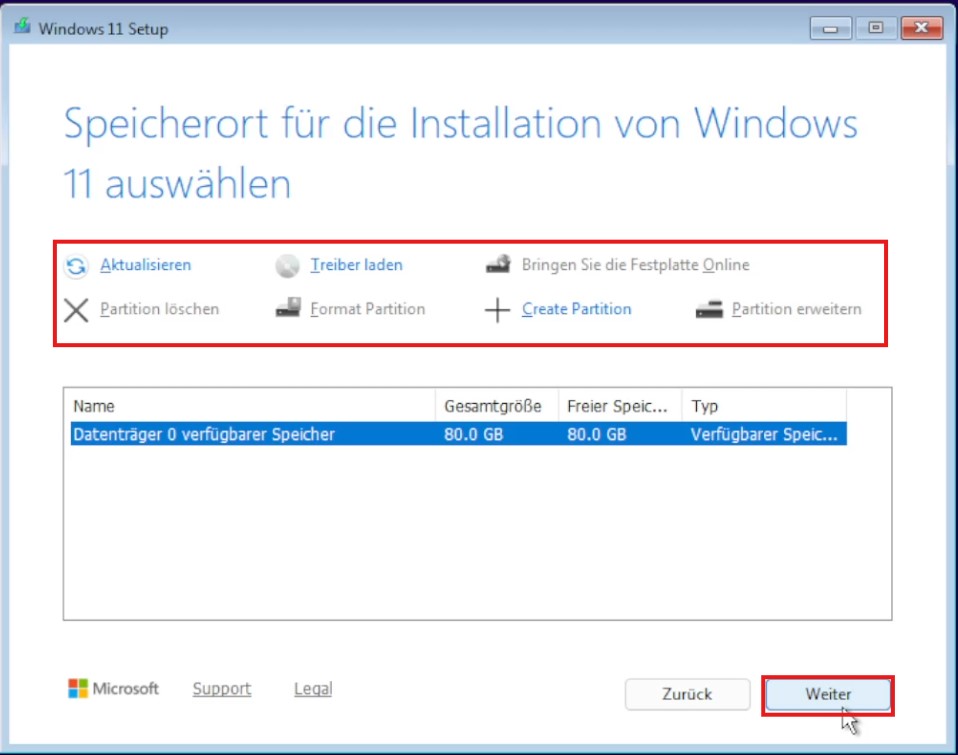 Menüfenster Windows 11 Setup - Auswhl Speicherort