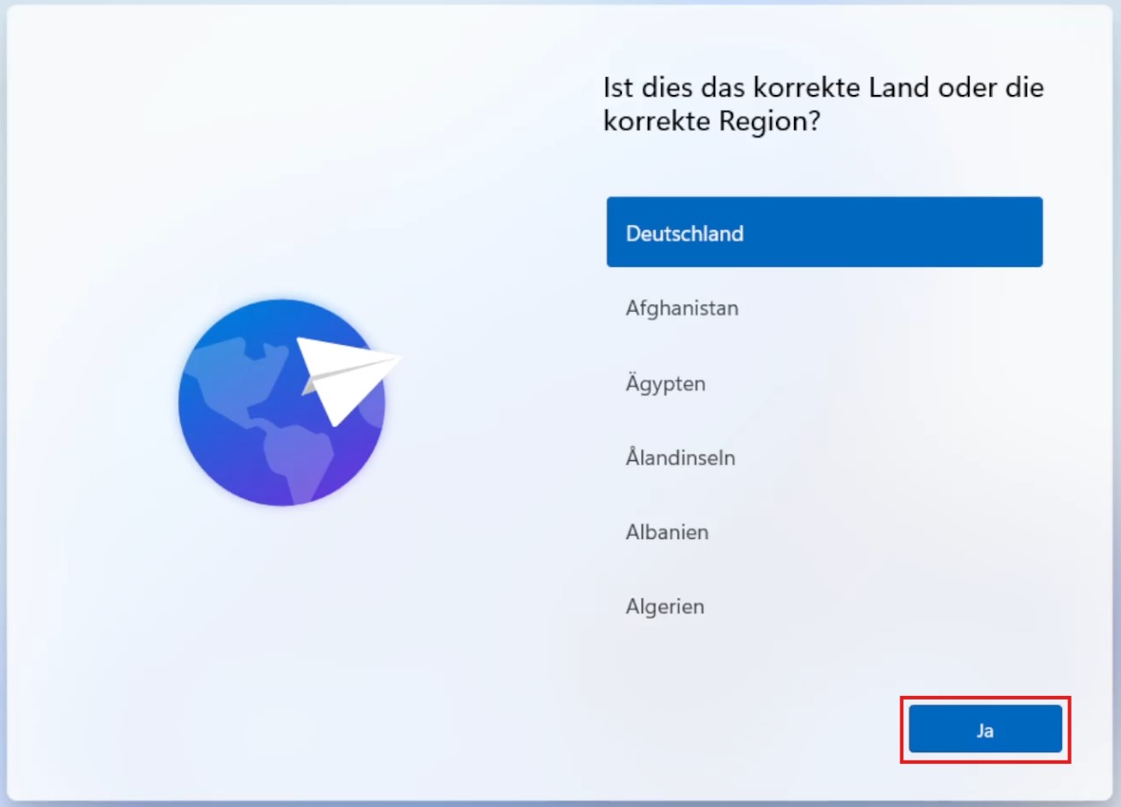 Foto der Ersteinrichtung, es  startet mit dem Punkt Land und Region auswählen.